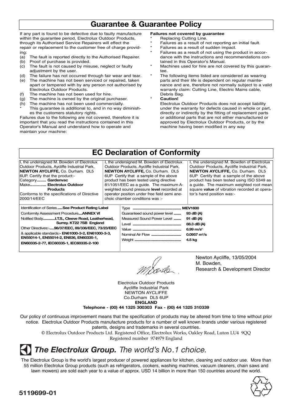 The electrolux group. the world’s no.1 choice | McCulloch Gardenvac 1600W User Manual | Page 8 / 8