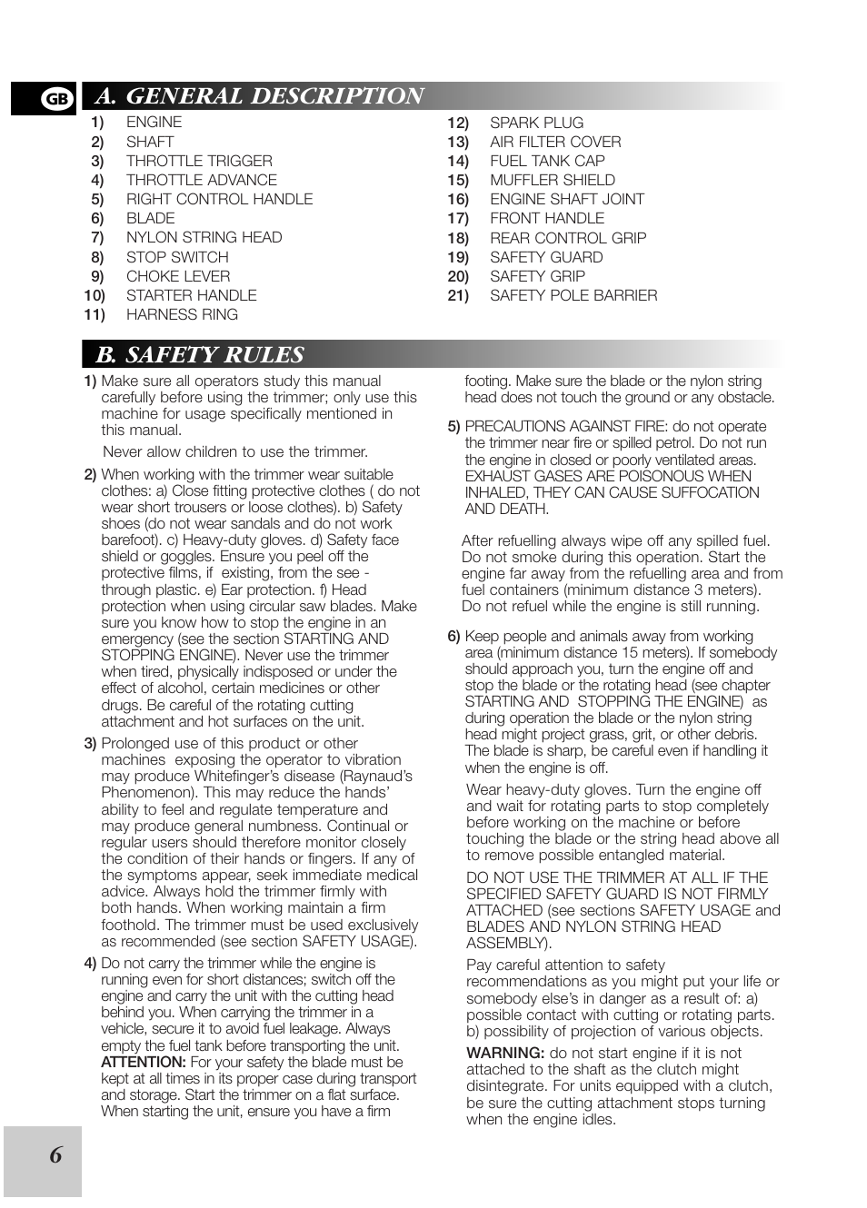 A. general description b. safety rules | McCulloch 95390034200 User Manual | Page 8 / 13