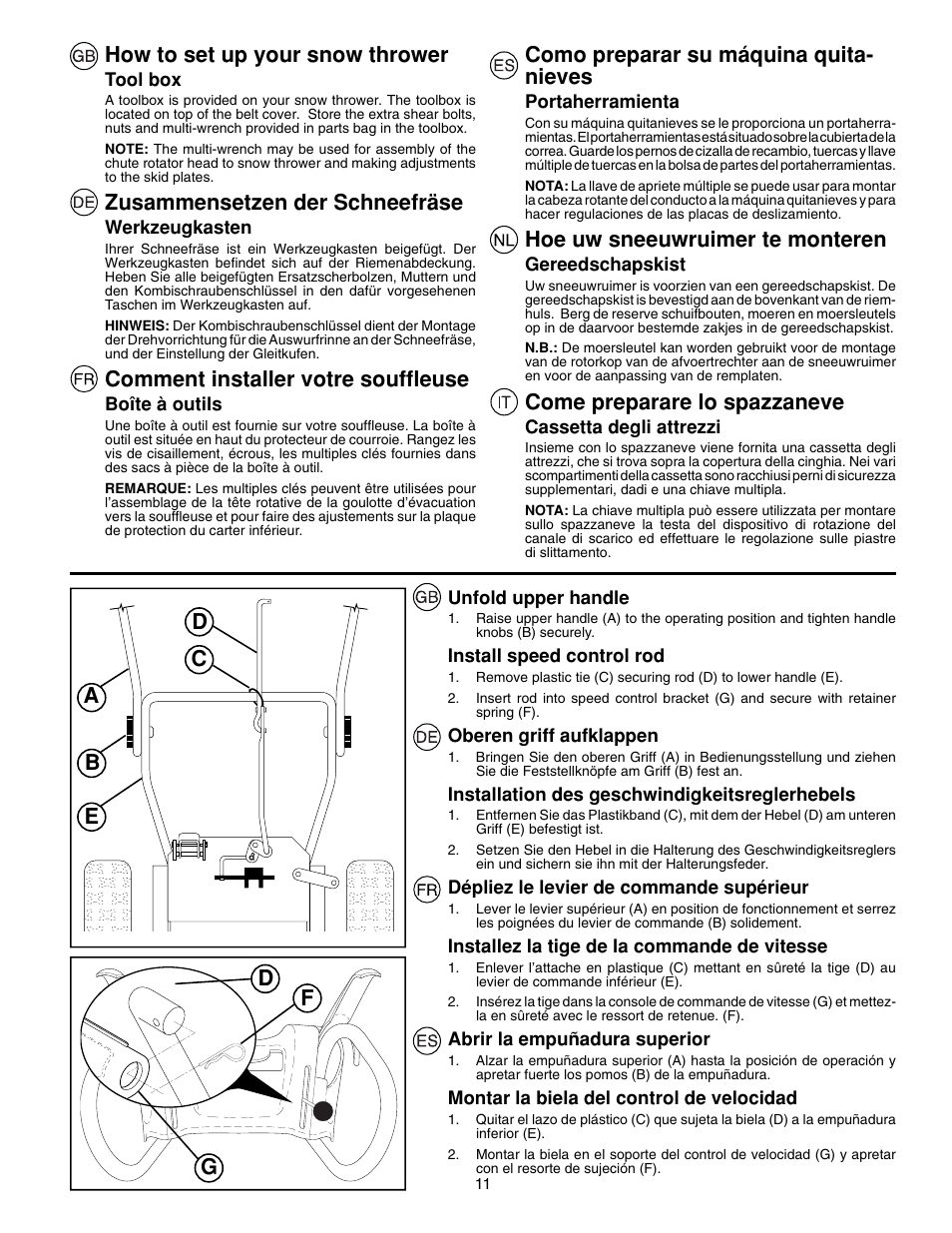 How to set up your snow thrower, Zusammensetzen der schneefräse, Comment installer votre souffl euse | Como preparar su máquina quita- nieves, Hoe uw sneeuwruimer te monteren, Come preparare lo spazzaneve | McCulloch PM85  EU User Manual | Page 11 / 60