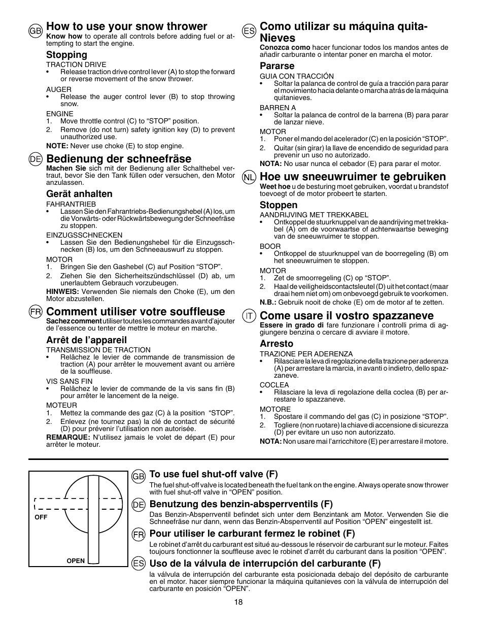 How to use your snow thrower, Bedienung der schneefräse, Comment utiliser votre souffl euse | Como utilizar su máquina quita- nieves, Hoe uw sneeuwruimer te gebruiken, Come usare il vostro spazzaneve | McCulloch PM85  EU User Manual | Page 18 / 60