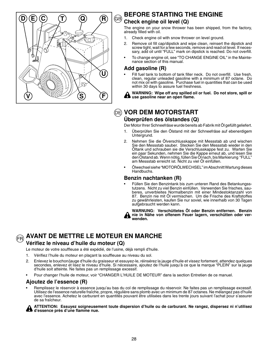 Before starting the engine, Vor dem motorstart | McCulloch PM85  EU User Manual | Page 28 / 60