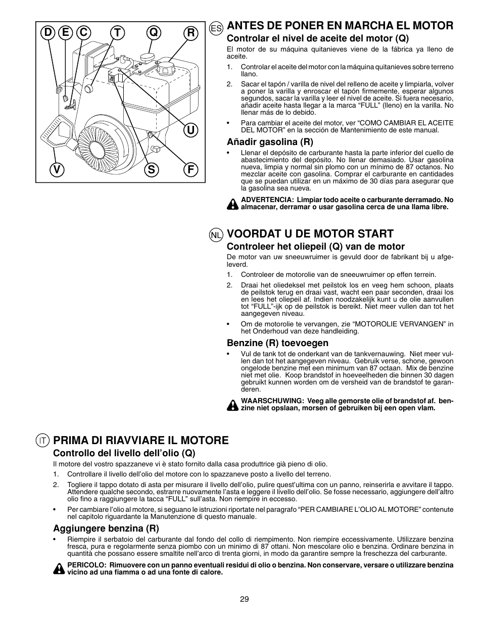 Prima di riavviare il motore, Antes de poner en marcha el motor, Voordat u de motor start | McCulloch PM85  EU User Manual | Page 29 / 60