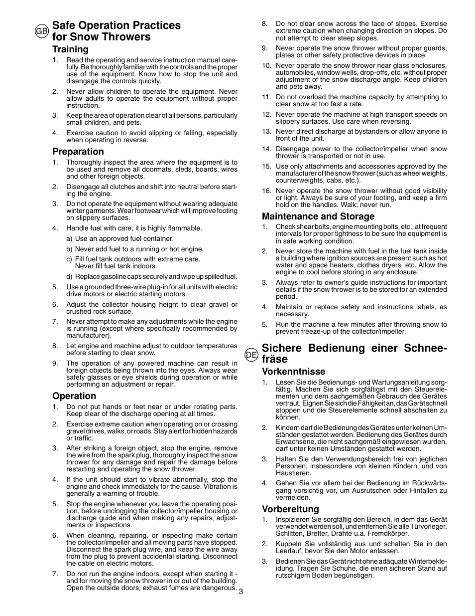 Safe operation practices for snow throwers, Sichere bedienung einer schnee- fräse, Training | Preparation, Operation, Maintenance and storage, Vorkenntnisse, Vorbereitung | McCulloch PM85  EU User Manual | Page 3 / 60