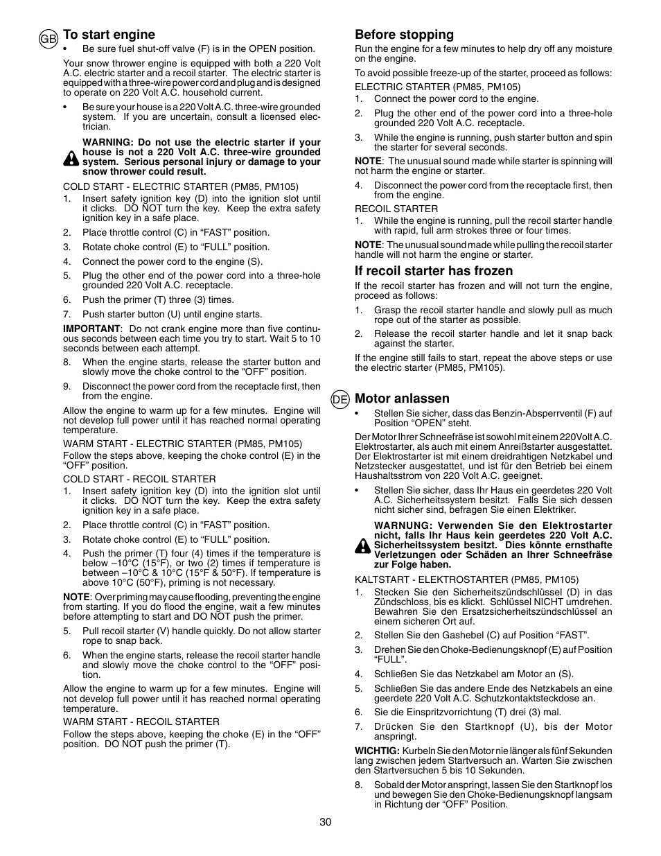 Before stopping, If recoil starter has frozen, Motor anlassen | McCulloch PM85  EU User Manual | Page 30 / 60