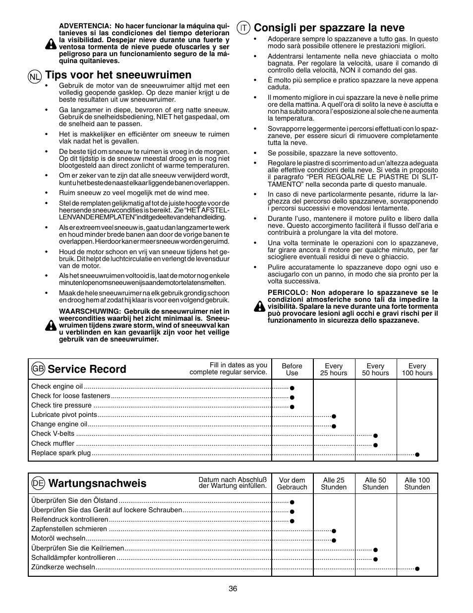 Tips voor het sneeuwruimen, Consigli per spazzare la neve, Wartungsnachweis | Service record | McCulloch PM85  EU User Manual | Page 36 / 60