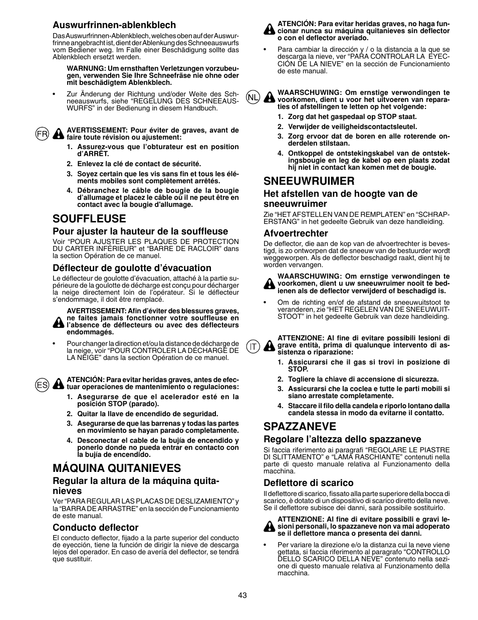 Souffleuse, Máquina quitanieves, Sneeuwruimer | Spazzaneve | McCulloch PM85  EU User Manual | Page 43 / 60