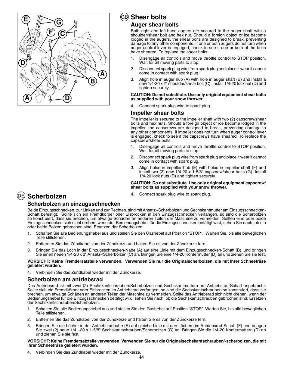 Shear bolts, Scherbolzen | McCulloch PM85  EU User Manual | Page 44 / 60