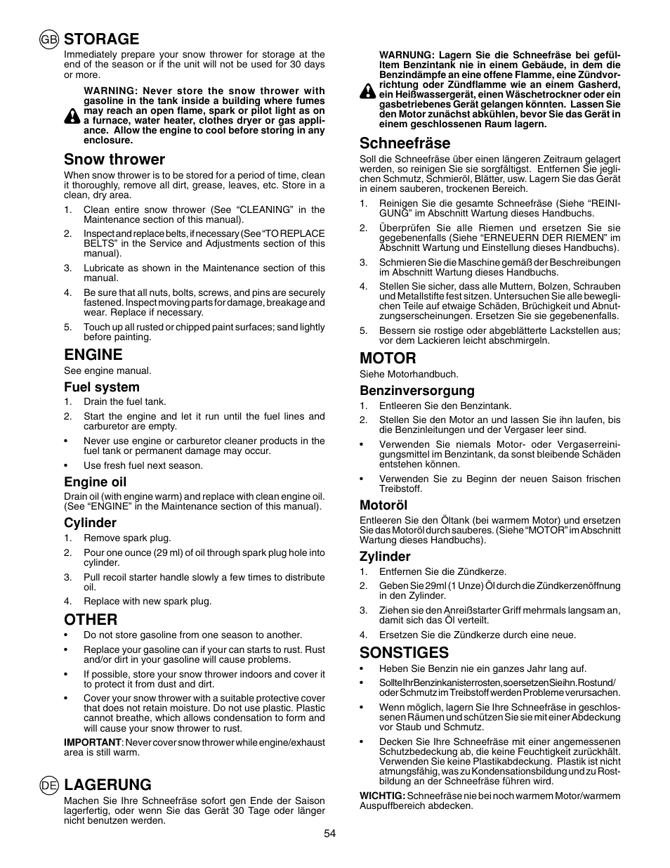 Storage, Snow thrower, Engine | Other, Lagerung, Schneefräse, Motor, Sonstiges | McCulloch PM85  EU User Manual | Page 54 / 60