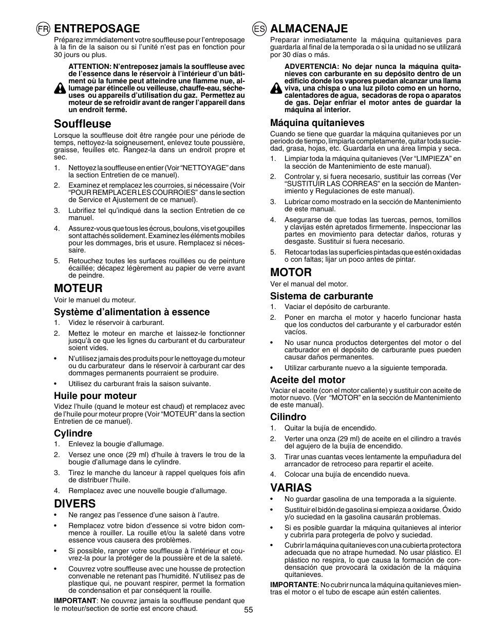 Entreposage, Souffl euse, Moteur | Divers, Almacenaje, Motor, Varias | McCulloch PM85  EU User Manual | Page 55 / 60