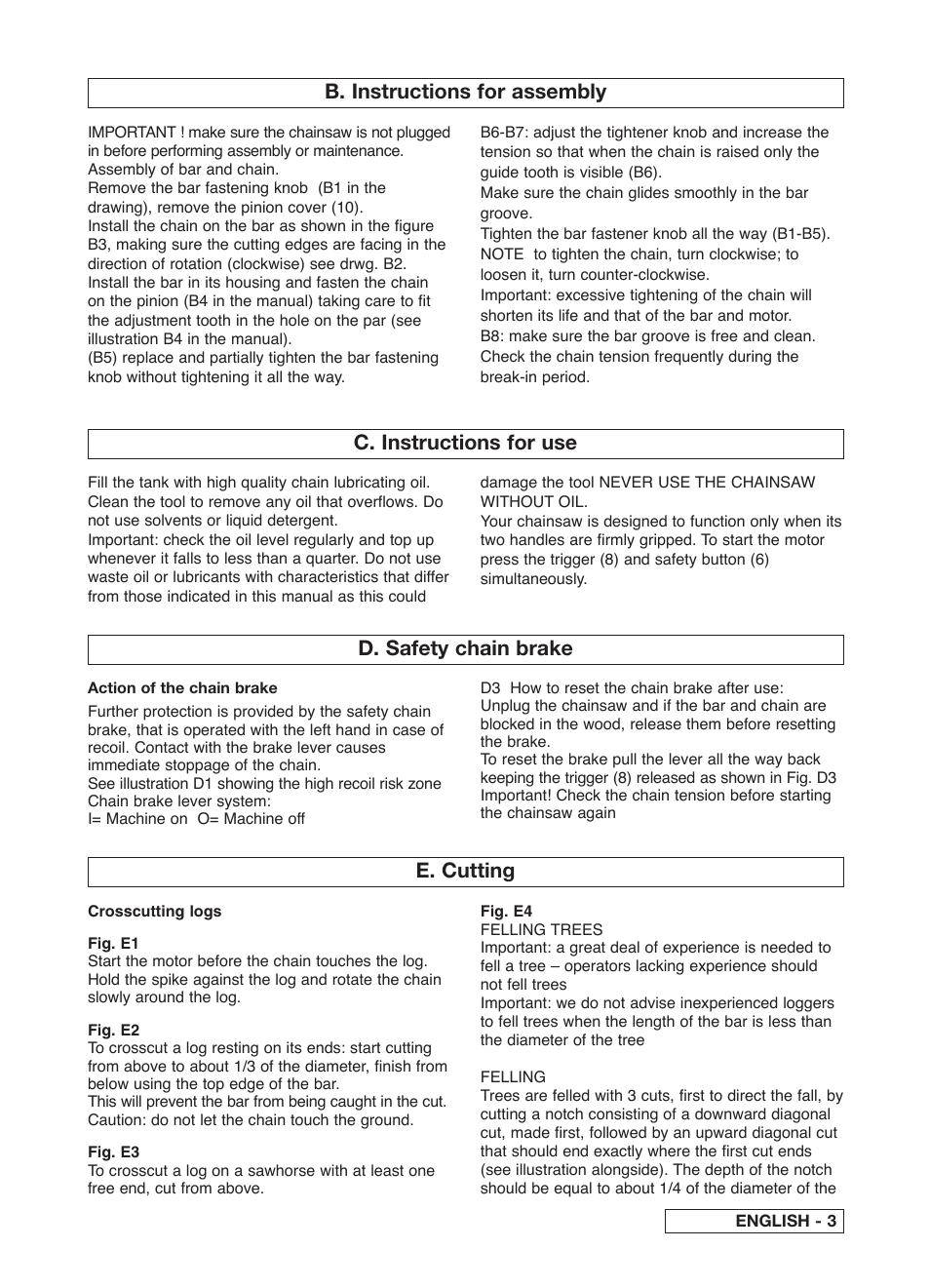 B. instructions for assembly, C. instructions for use, D. safety chain brake | E. cutting | McCulloch Electramac 416 User Manual | Page 10 / 13