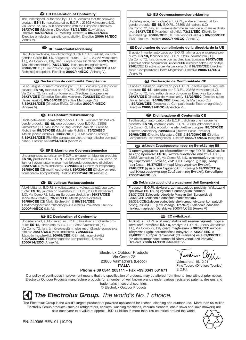 The electrolux group. the world’s no.1 choice | McCulloch Electramac 416 User Manual | Page 13 / 13