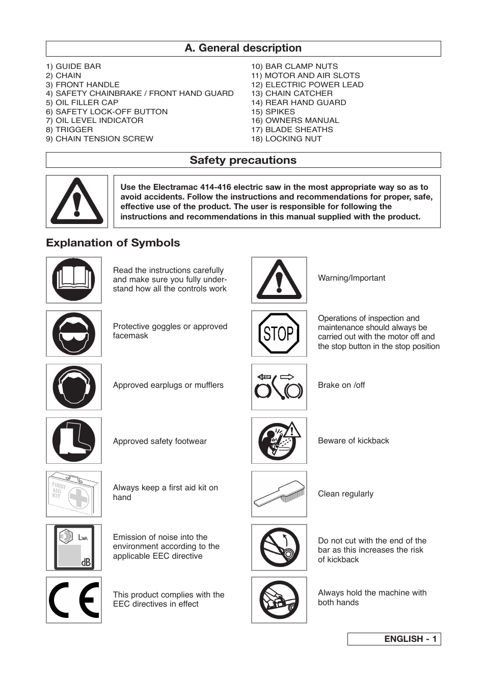 A. general description, Safety precautions explanation of symbols | McCulloch Electramac 416 User Manual | Page 8 / 13