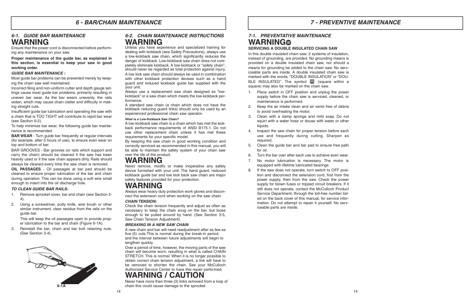 Warning, Warning / caution, 6 - bar/chain maintenance | 7 - preventive maintenance | McCulloch MCM2013 User Manual | Page 10 / 32