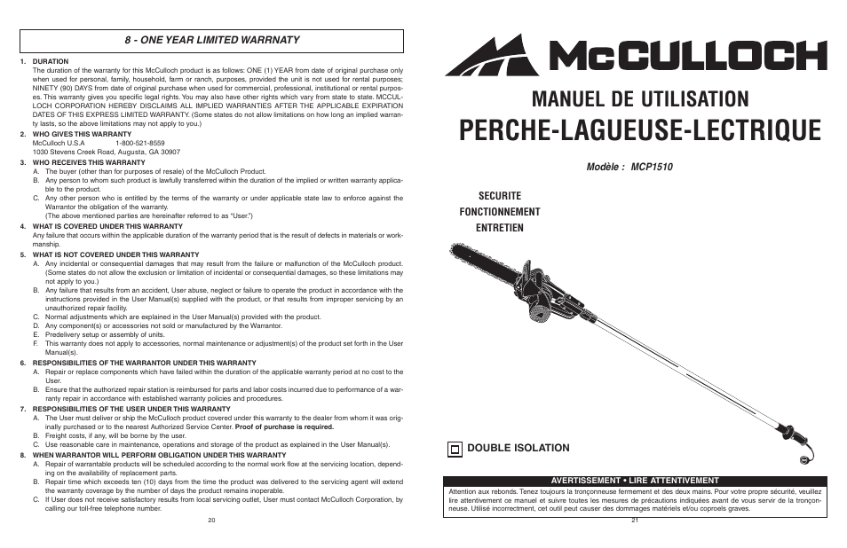 Perche-lagueuse-lectrique, Manuel de utilisation, 8 - one year limited warrnaty | McCulloch MCM2013 User Manual | Page 11 / 32
