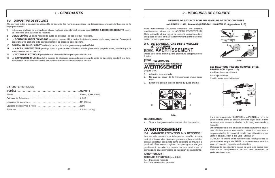 Avertissement, 2 - measures de securite, 1 - generalites | McCulloch MCM2013 User Manual | Page 13 / 32