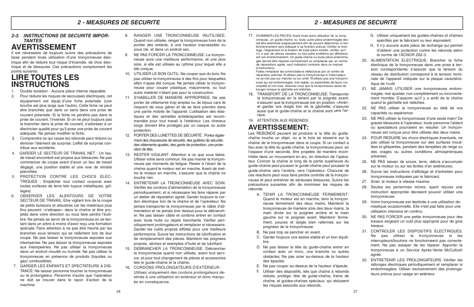 Avertissement, Lire toutes les instructions, 2 - measures de securite | McCulloch MCM2013 User Manual | Page 14 / 32