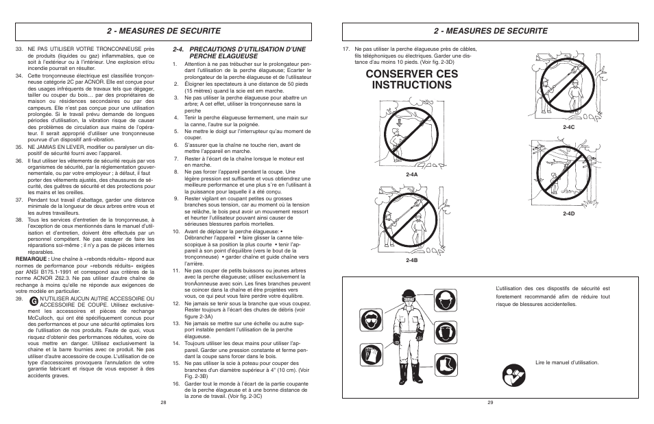 Conserver ces instructions, 2 - measures de securite | McCulloch MCM2013 User Manual | Page 15 / 32