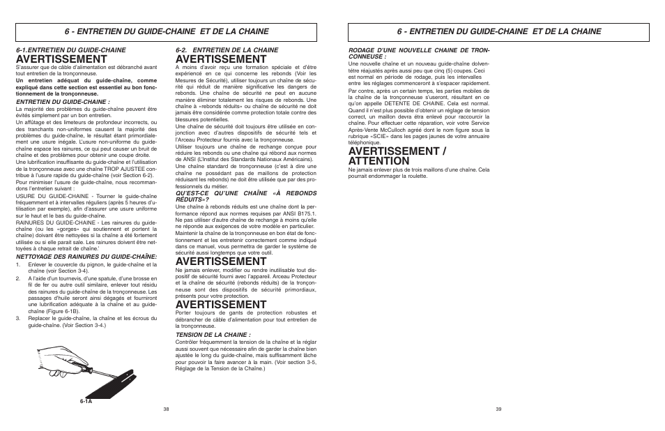 Avertissement, Avertissement / attention, 6 - entretien du guide-chaine et de la chaine | McCulloch MCM2013 User Manual | Page 20 / 32