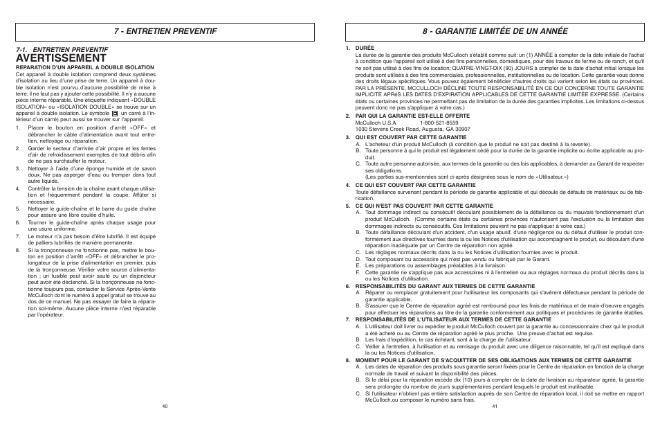 Avertissement, 8 - garantie limitée de un année, 7 - entretien preventif | McCulloch MCM2013 User Manual | Page 21 / 32