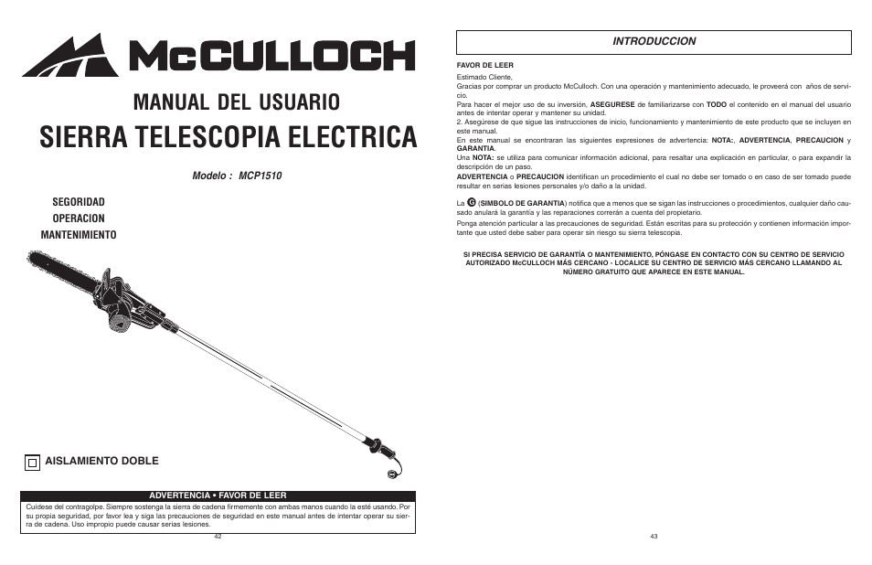 Sierra telescopia electrica, Manual del usuario, Introduccion | McCulloch MCM2013 User Manual | Page 22 / 32