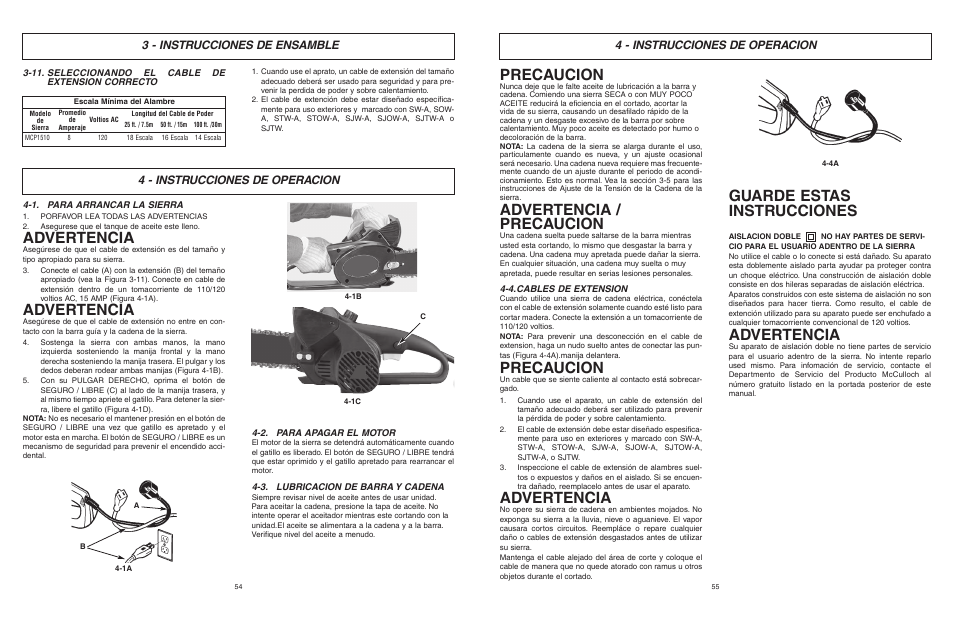 Precaucion, Advertencia / precaucion, Advertencia | Guarde estas instrucciones, 4 - instrucciones de operacion, 3 - instrucciones de ensamble | McCulloch MCM2013 User Manual | Page 28 / 32