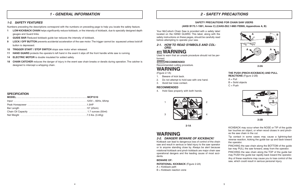 Warning, 2 - safety precautions, 1 - general information | McCulloch MCM2013 User Manual | Page 3 / 32
