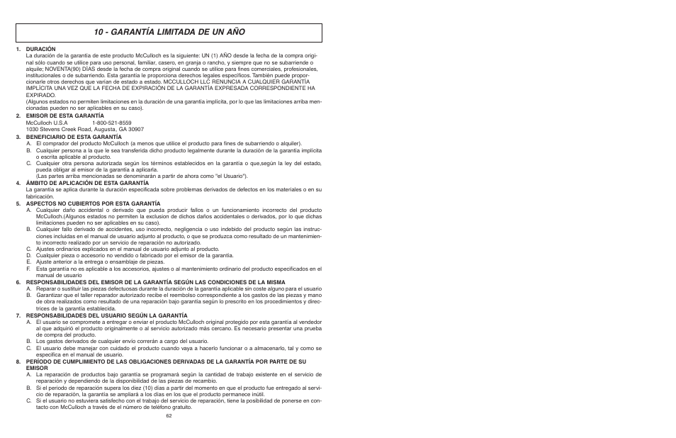 10 - garantía limitada de un año | McCulloch MCM2013 User Manual | Page 32 / 32