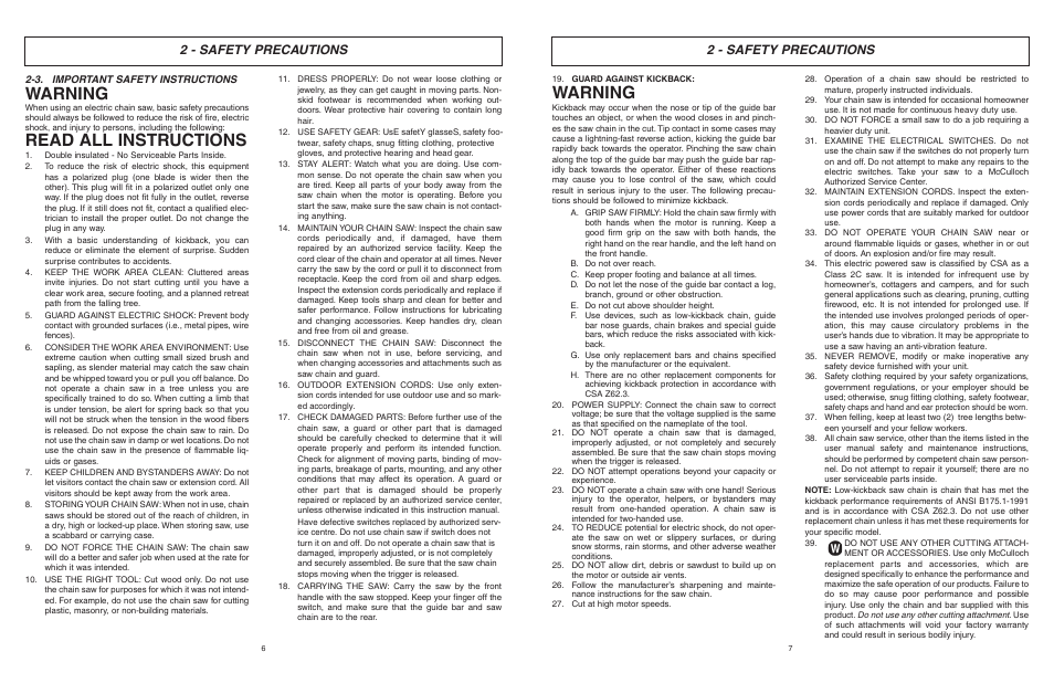 Warning, Read all instructions, 2 - safety precautions | McCulloch MCM2013 User Manual | Page 4 / 32