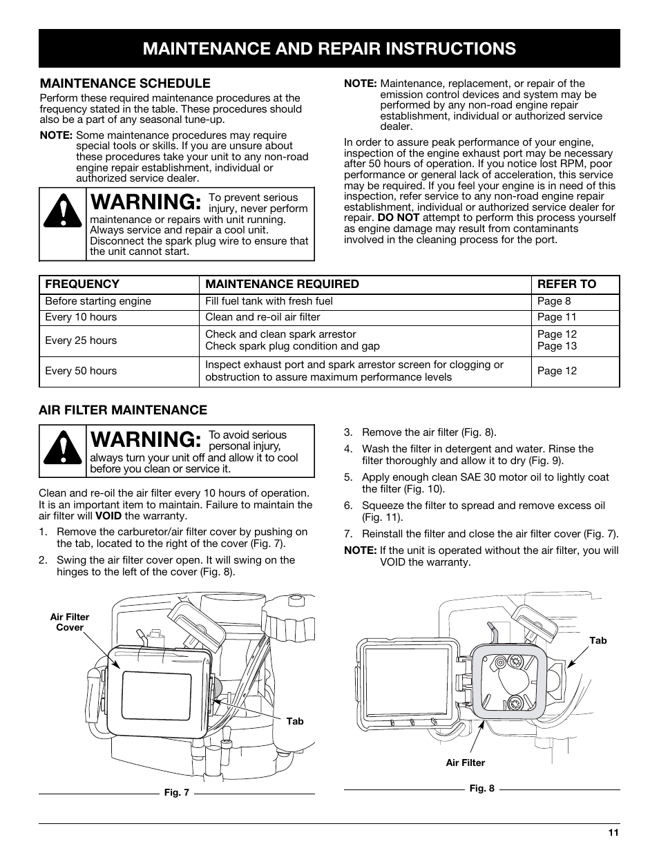 Warning, Maintenance and repair instructions | McCulloch MB290 User Manual | Page 11 / 56