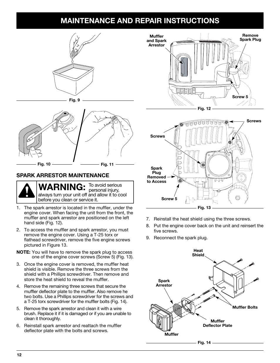 Warning, Maintenance and repair instructions | McCulloch MB290 User Manual | Page 12 / 56