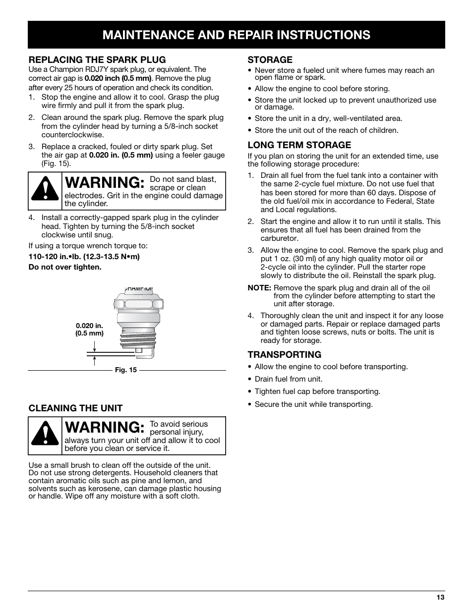 Warning, Maintenance and repair instructions | McCulloch MB290 User Manual | Page 13 / 56