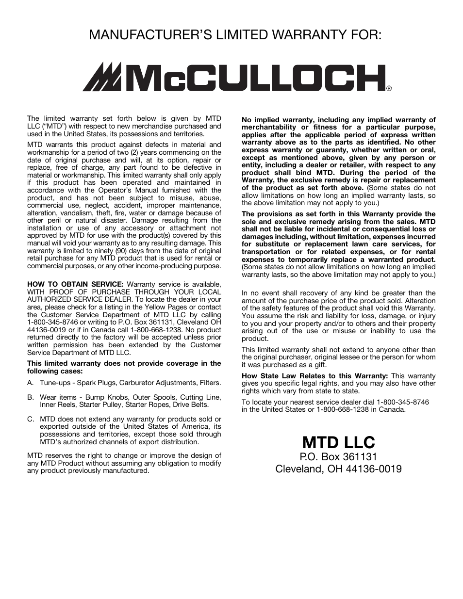 Mtd llc, Manufacturer’s limited warranty for | McCulloch MB290 User Manual | Page 18 / 56