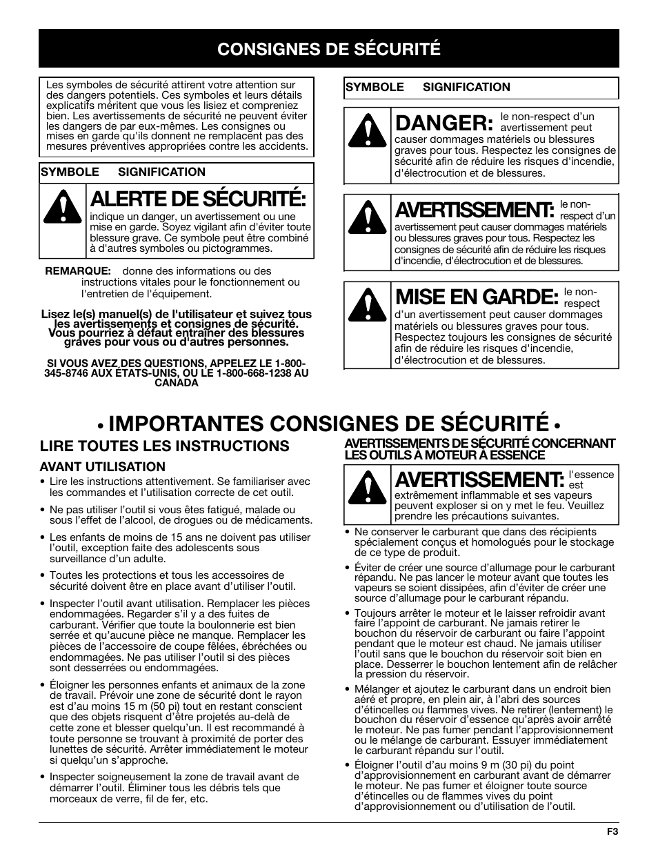 Importantes consignes de sécurité, Avertissement, Danger | Mise en garde, Alerte de sécurité, Consignes de sécurité, Lire toutes les instructions | McCulloch MB290 User Manual | Page 21 / 56