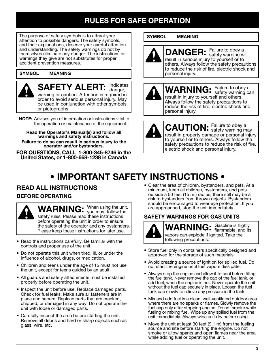 Warning: • important safety instructions, Warning, Danger | Caution, Safety alert, Rules for safe operation, Read all instructions | McCulloch MB290 User Manual | Page 3 / 56