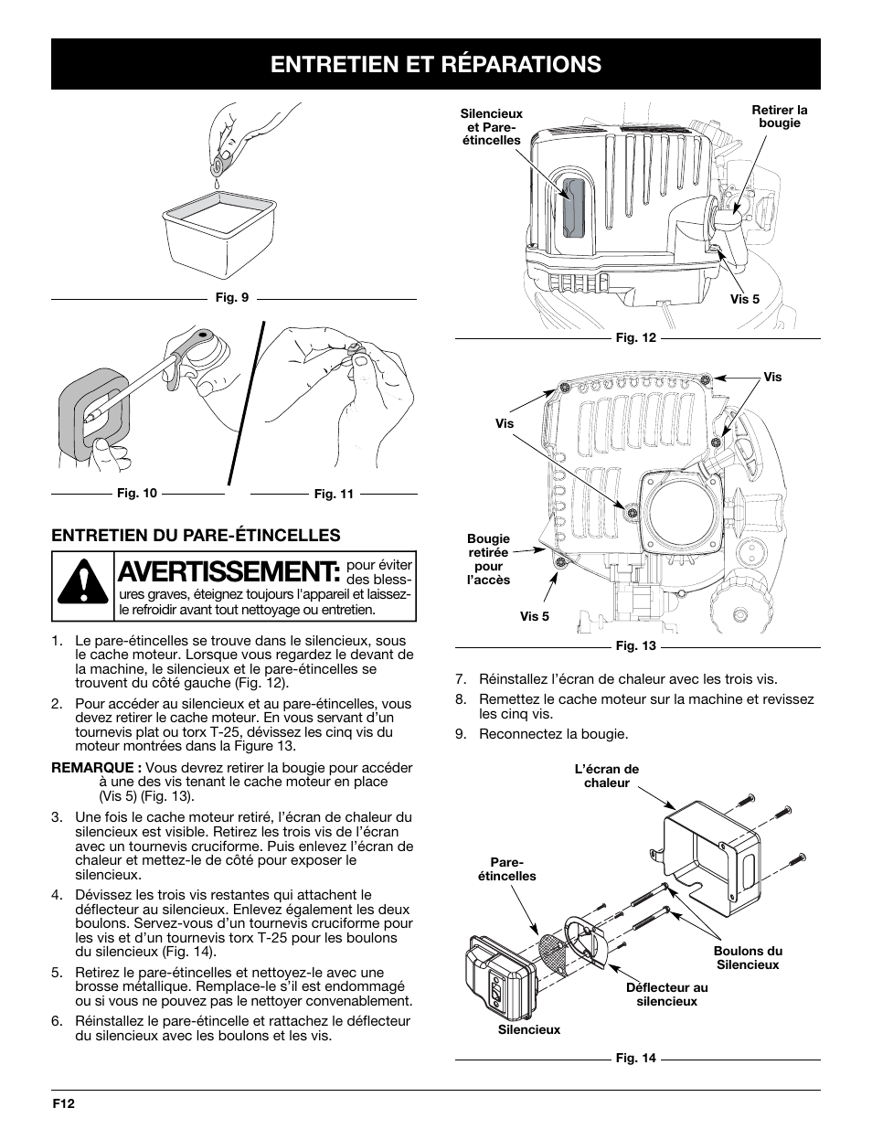 Avertissement, Entretien et réparations | McCulloch MB290 User Manual | Page 30 / 56