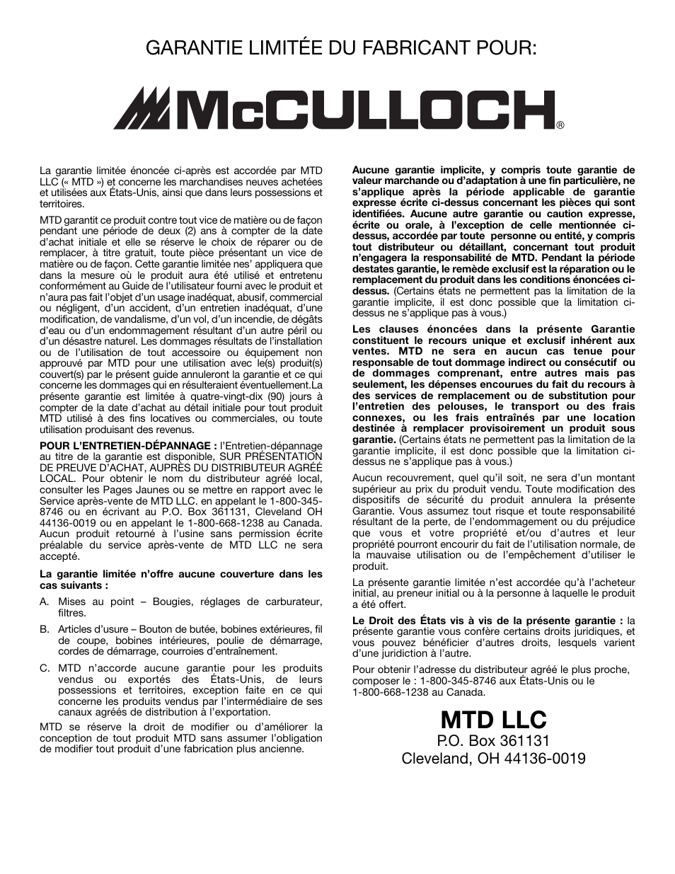 Mtd llc, Garantie limitée du fabricant pour | McCulloch MB290 User Manual | Page 36 / 56