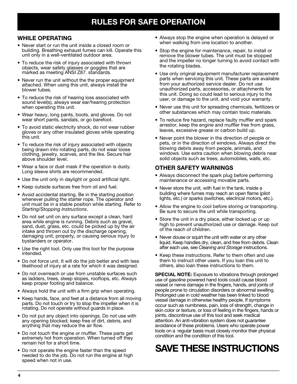 Save these instructions, Rules for safe operation | McCulloch MB290 User Manual | Page 4 / 56