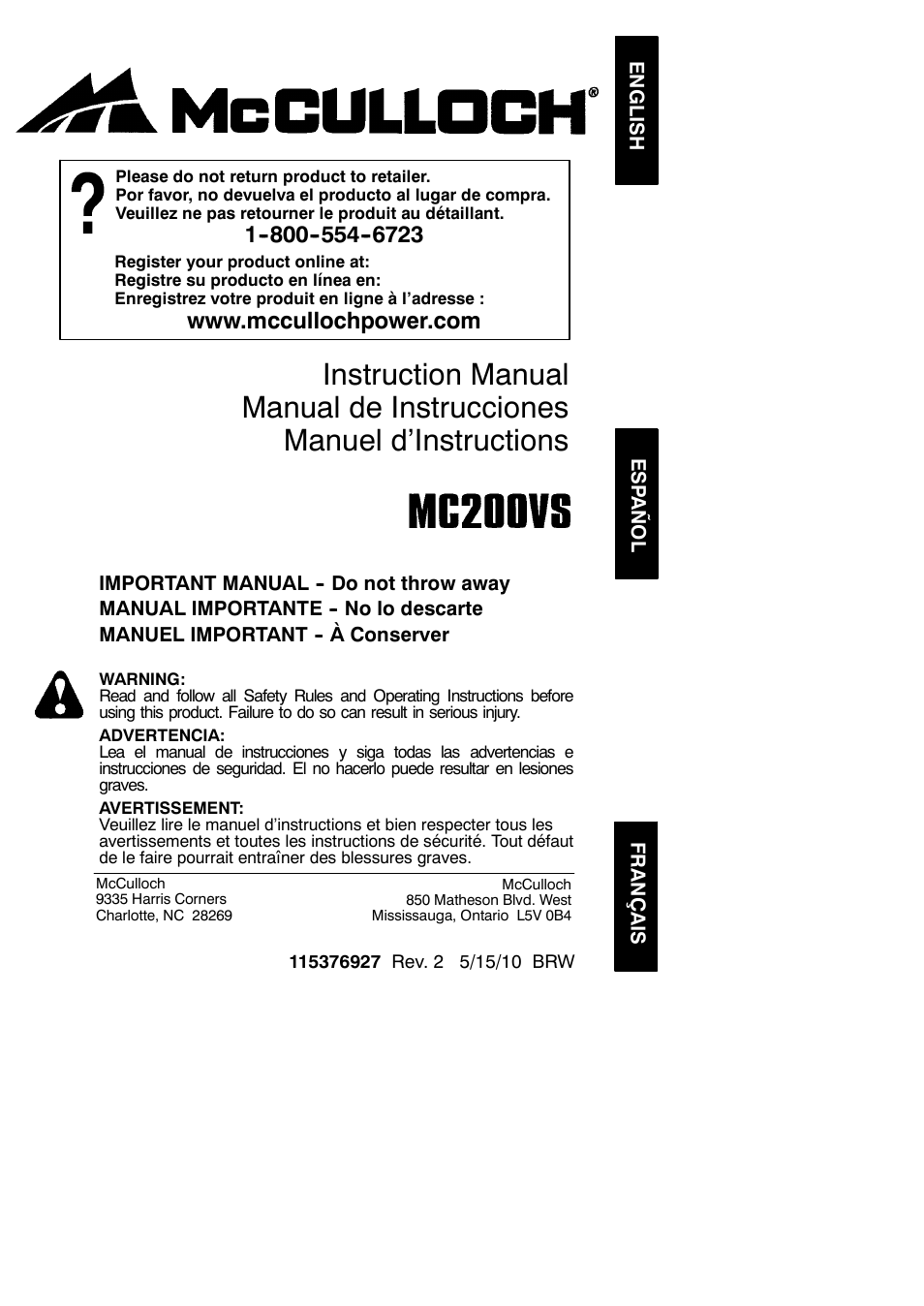 McCulloch 115376927 User Manual | 14 pages