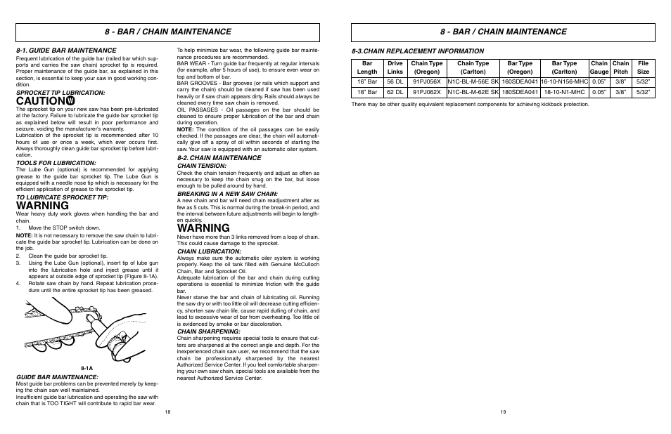 Caution, Warning, 8 - bar / chain maintenance | McCulloch MXC1840D User Manual | Page 10 / 36