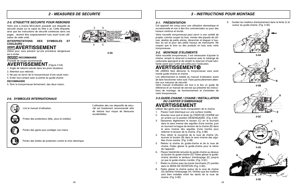 Avertissement, 3 - instructions pour montage, 2 - measures de securite | McCulloch MXC1840D User Manual | Page 15 / 36