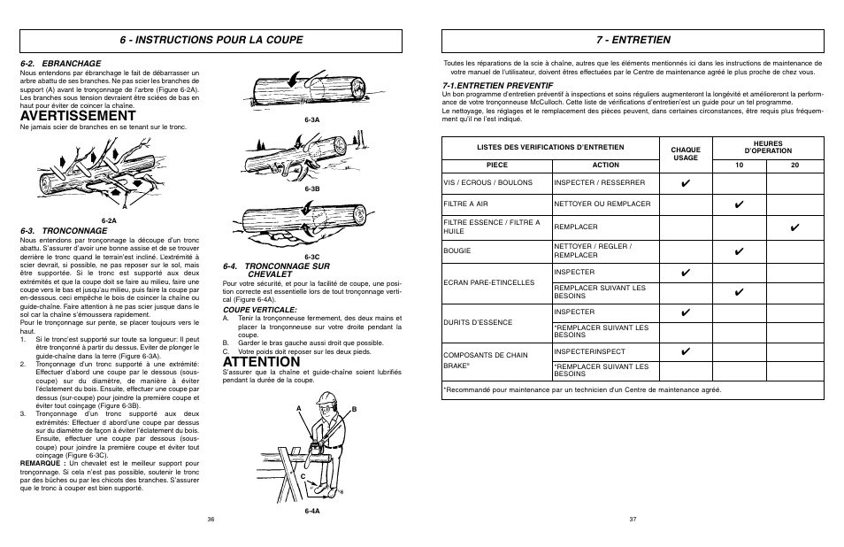 Avertissement, Attention, 7 - entretien | 6 - instructions pour la coupe | McCulloch MXC1840D User Manual | Page 19 / 36