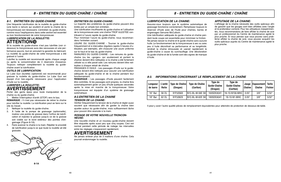 Attention, Avertissement, 8 - entretien du guide-chaîne / chaîne | McCulloch MXC1840D User Manual | Page 21 / 36