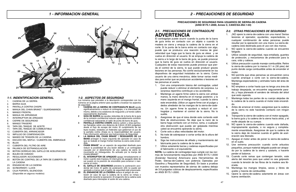 Advertencia, 2 - precauciones de seguridad, 1 - informacion general | 1. indentificacion general, 2. aspectos de seguridad, 1. precauciones de contragolpe | McCulloch MXC1840D User Manual | Page 24 / 36