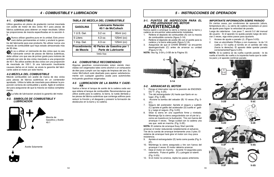 Advertencia, 4 - combustible y lubricacion, 5 - instrucciones de operacion | McCulloch MXC1840D User Manual | Page 28 / 36