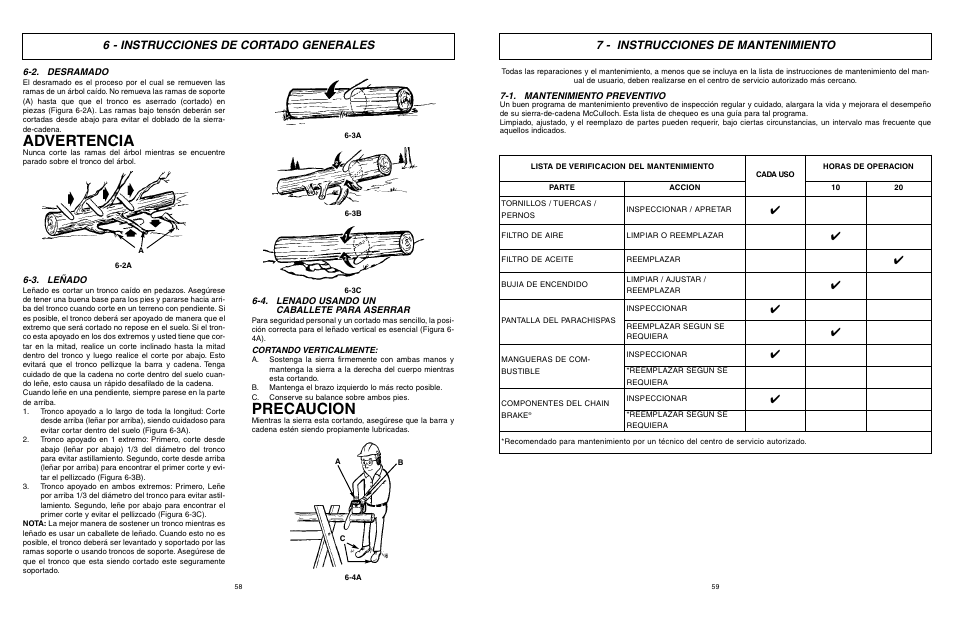 Advertencia, Precaucion, 6 - instrucciones de cortado generales | 7 - instrucciones de mantenimiento | McCulloch MXC1840D User Manual | Page 30 / 36