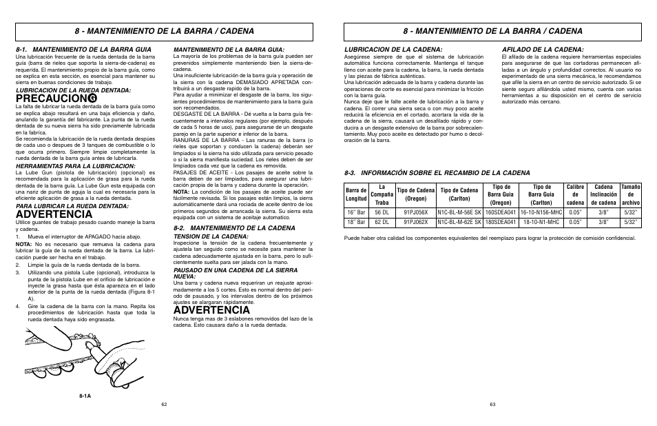 Precaucion, Advertencia, 8 - mantenimiento de la barra / cadena | McCulloch MXC1840D User Manual | Page 32 / 36