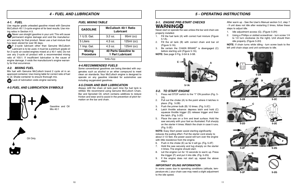 Warning, 4 - fuel and lubrication, 5 - operating instructions | McCulloch MXC1840D User Manual | Page 6 / 36
