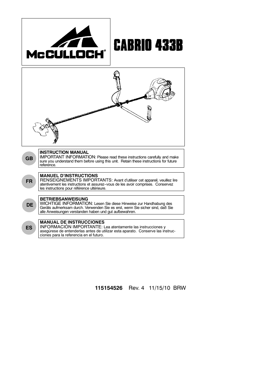 McCulloch Cabrio 433B User Manual | 18 pages