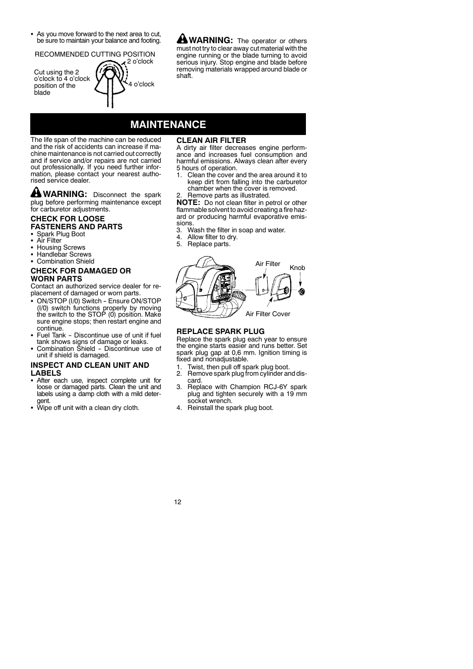 Maintenance, Warning | McCulloch Cabrio 433B User Manual | Page 12 / 18