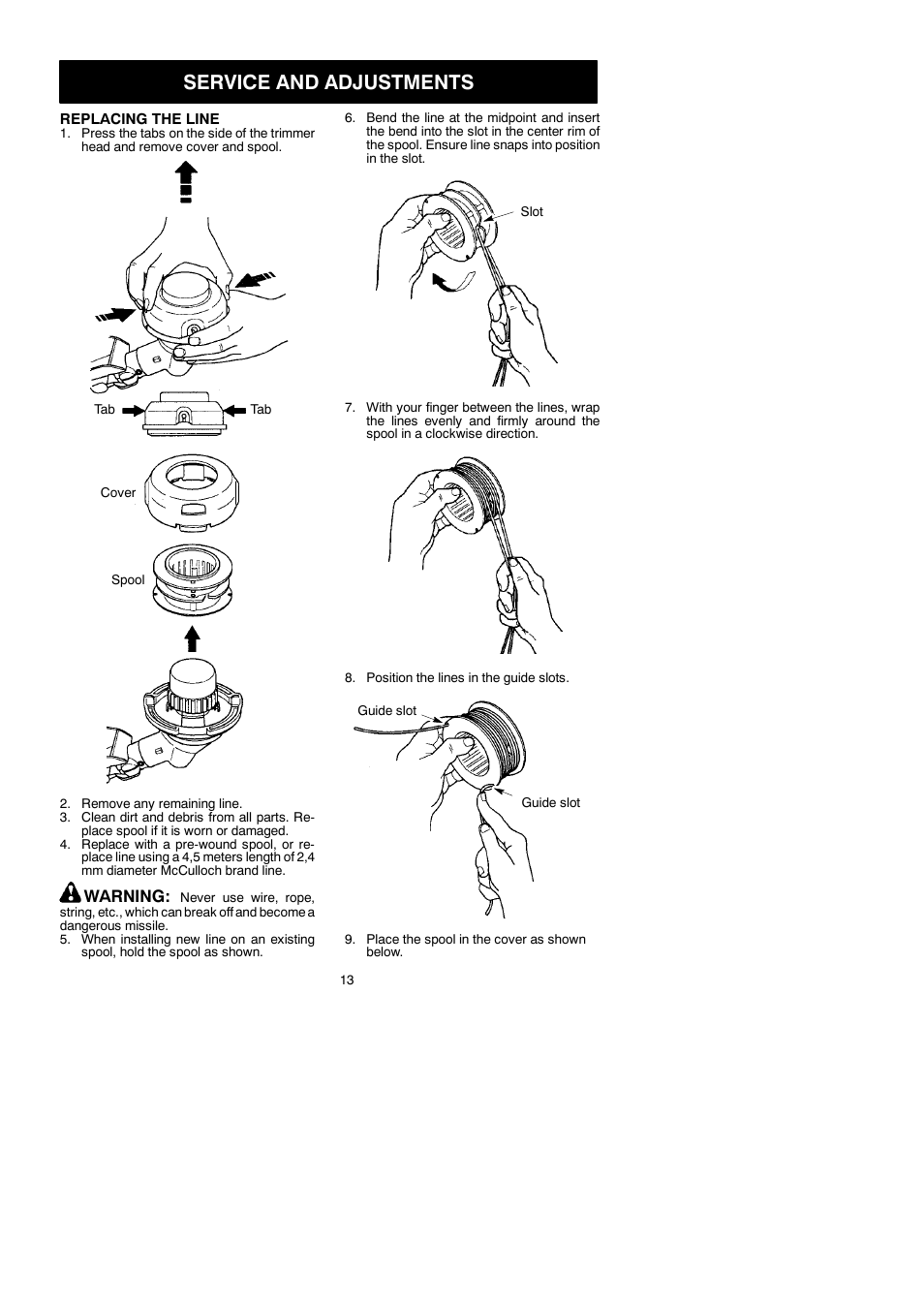 Service and adjustments, Warning | McCulloch Cabrio 433B User Manual | Page 13 / 18